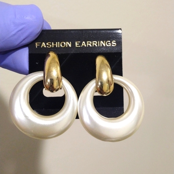 Women's Stunning Gold tone & Off-white Omega Back Hoop Drop Earrings - 1.75-inch - Picture 1 of 4